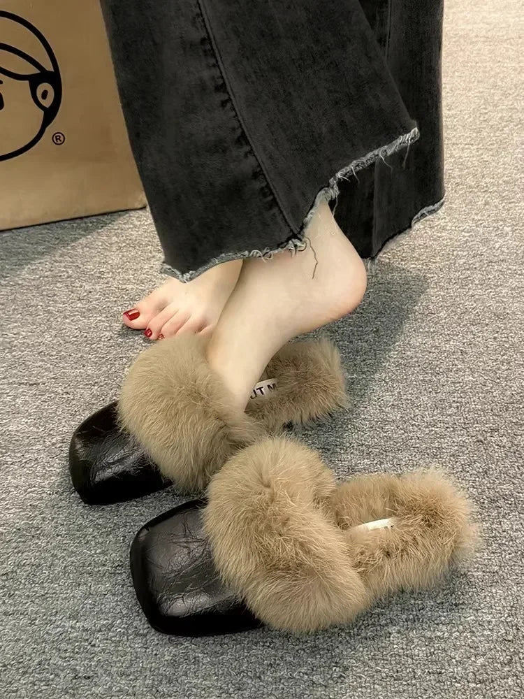 Women's Autumn/Winter Outdoor Wear New Style Flat Bottom Fur Slippers One Foot Drag No Heel Mule Fur Slippers Adult Simple
