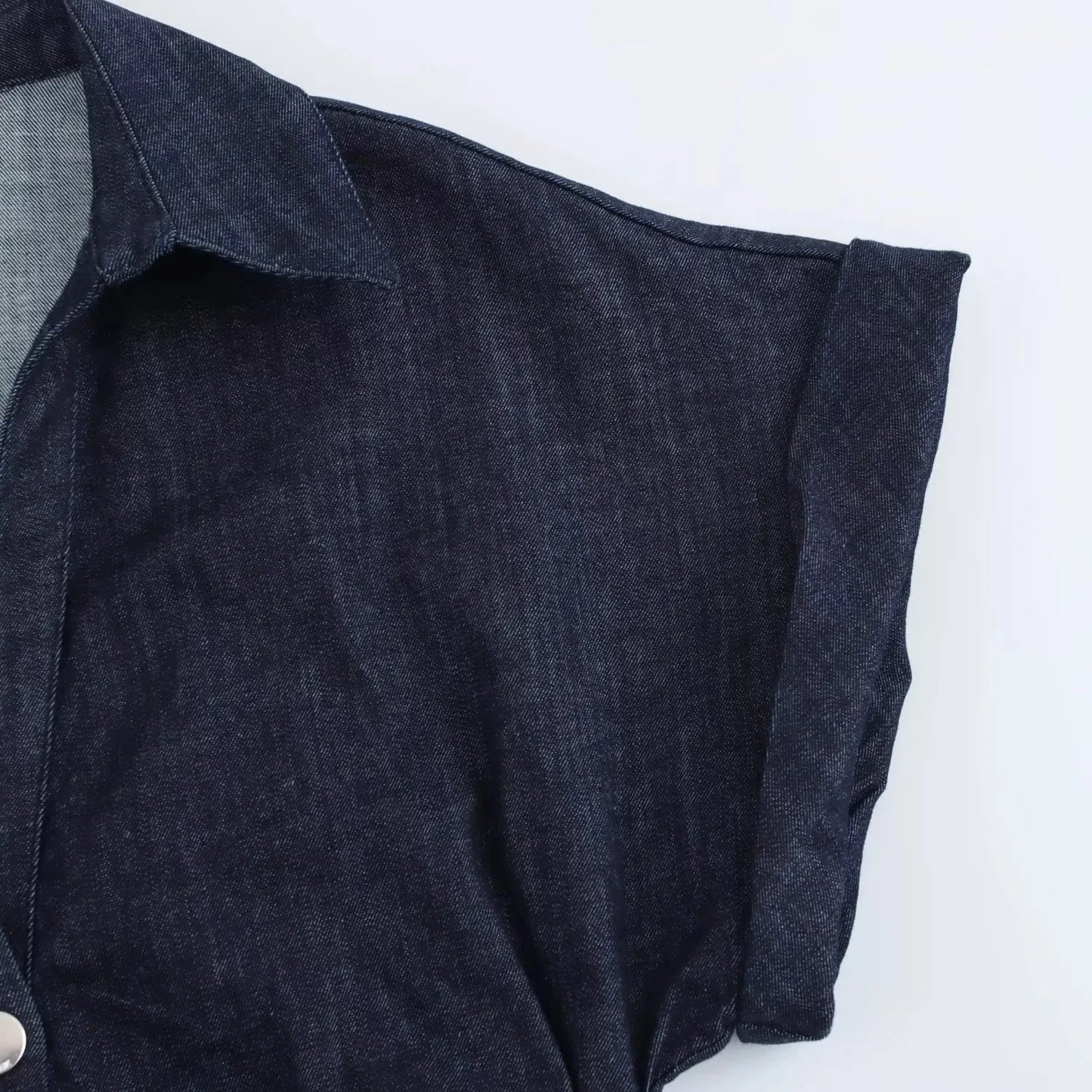 Denim Midi Dress - Women's Ruched Short Sleeve Casual Streetwear Dress