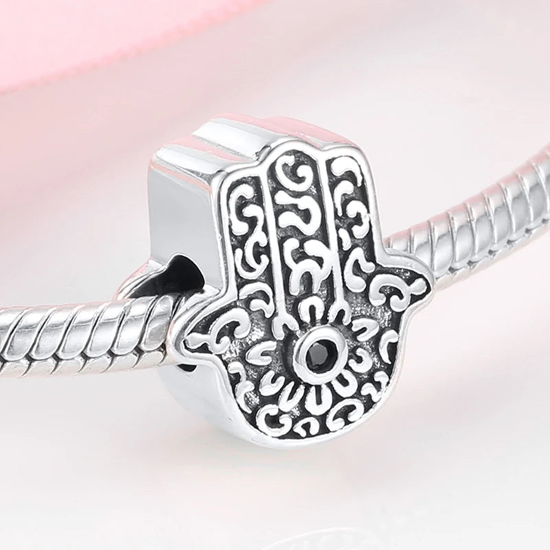 925 Silver Blue Enamel Fatima Hand Charm - DIY Jewelry Beads for Charm Bracelets