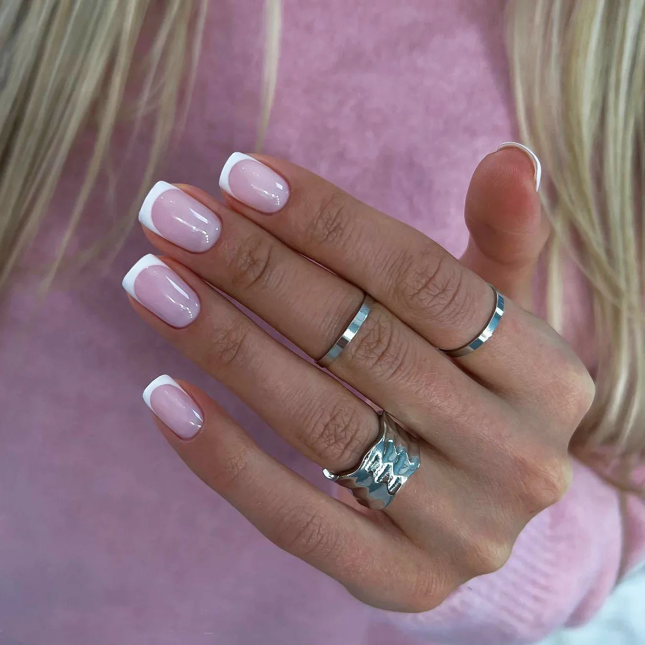 24Pcs French Tip Handmade Press On Nails Minimalist Solid Color Fake Nails Medium Square Full Cover Press On Nail Tips With Glue