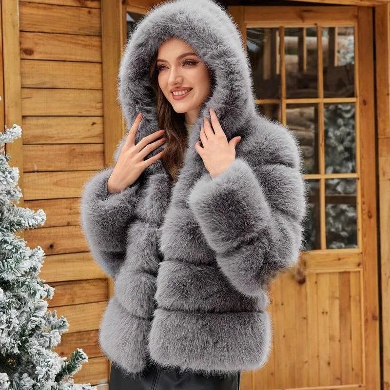 Luxe Women's Short Hooded Faux Fox Fur Coat Fashion Streetwear with Faux Fur Trim Thickened Winter Faux Fur Outwear