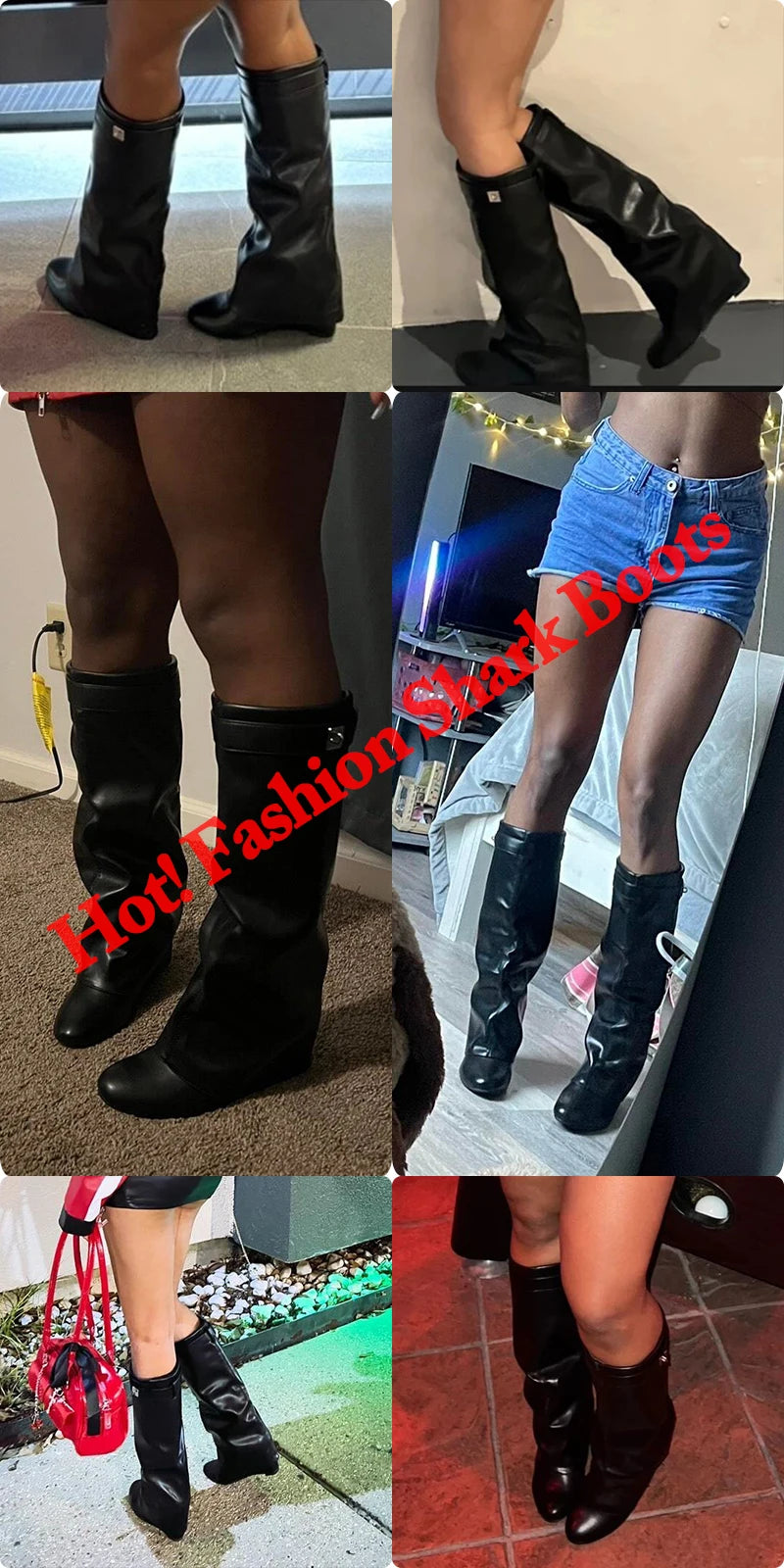 Designer Women's Long Boots - Wide Calf Shark Boots with Wedge Heel Knee High