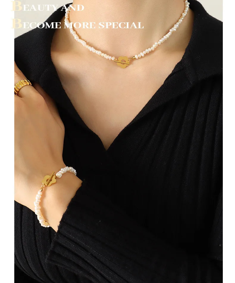 Natural Freshwater Pearl Bead Necklace Bracelet For Women Stainless Steel Gold Plated OT Buckle Women's Necklaces Bracelets Sets