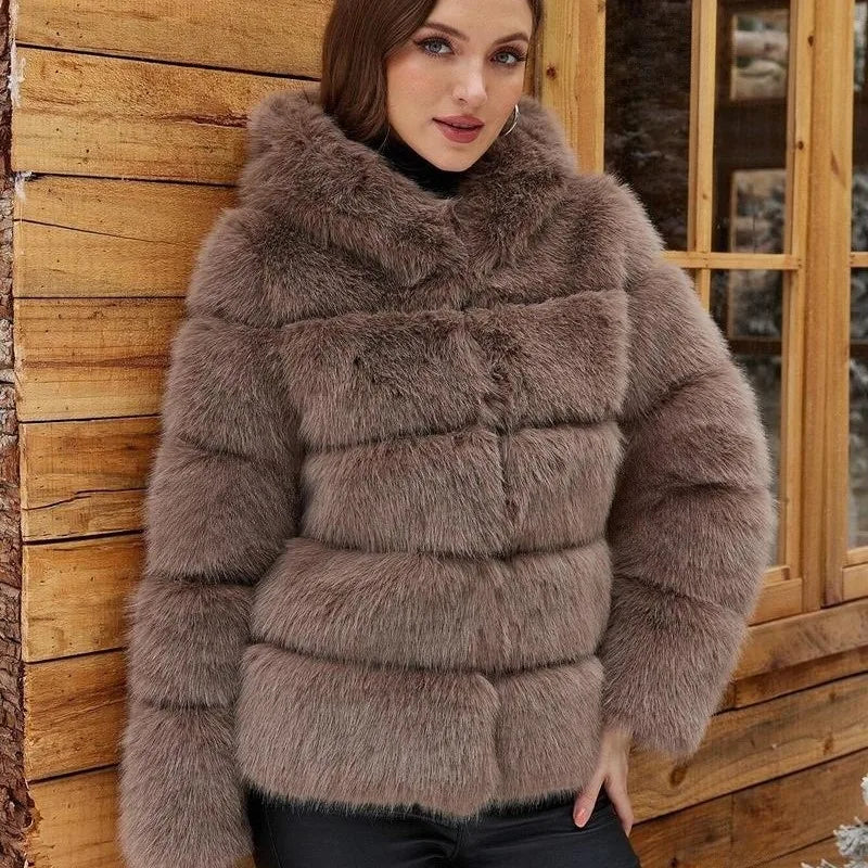 Luxe Women's Short Hooded Faux Fox Fur Coat Fashion Streetwear with Faux Fur Trim Thickened Winter Faux Fur Outwear