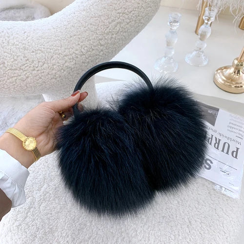 Winter Women Warm Real Fox Fur Earmuffs Girl's Earlap Ultra Large Ladies Plush Earmuff Luxury Ladies Fox Fur Earmuffs