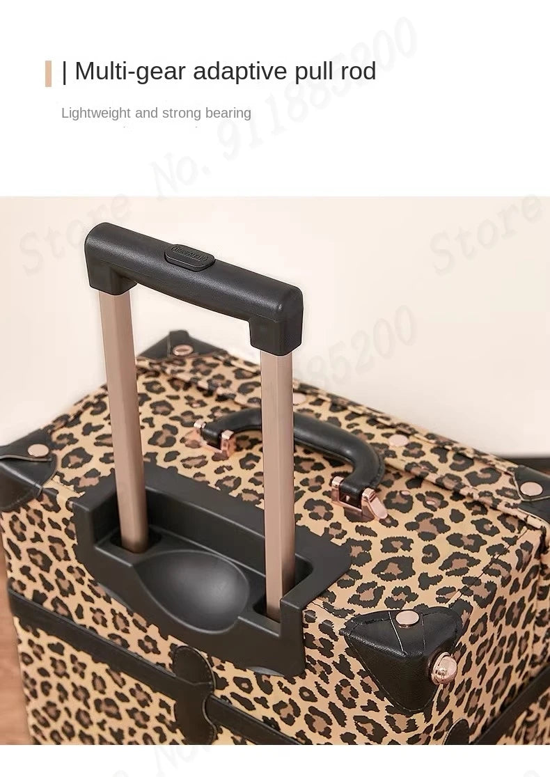 Trendy Retro Luggage Women's Roller Trunk Leopard Print Leather Suitcase 20" Boarding Box Set Waterproof Password Suitcase