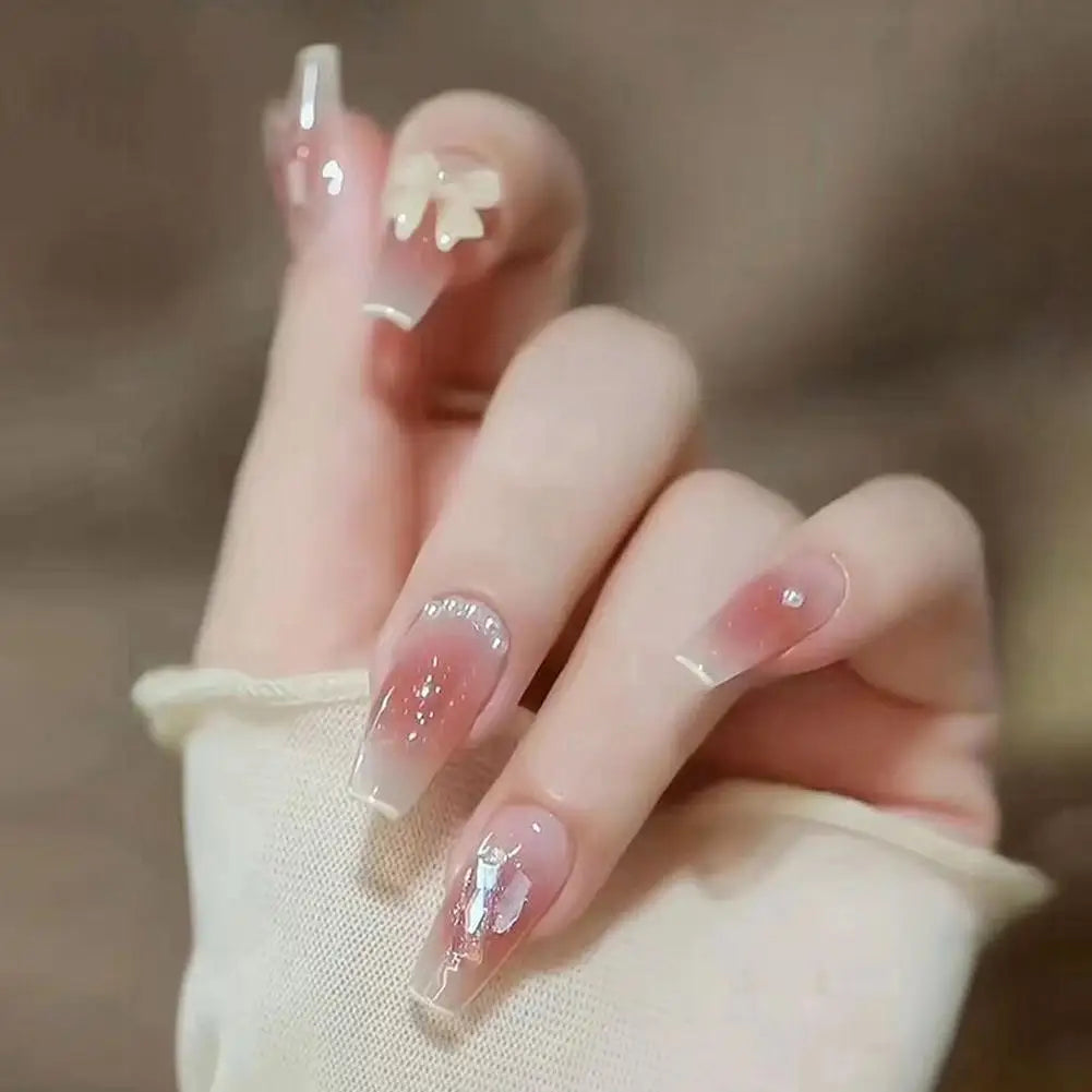 24Pcs Glitter Diamond Press On Nails Blush Pink Cat Eye Fake Nails Sweet Cute Coffin Full Cover Short Square False Nail Tips Art