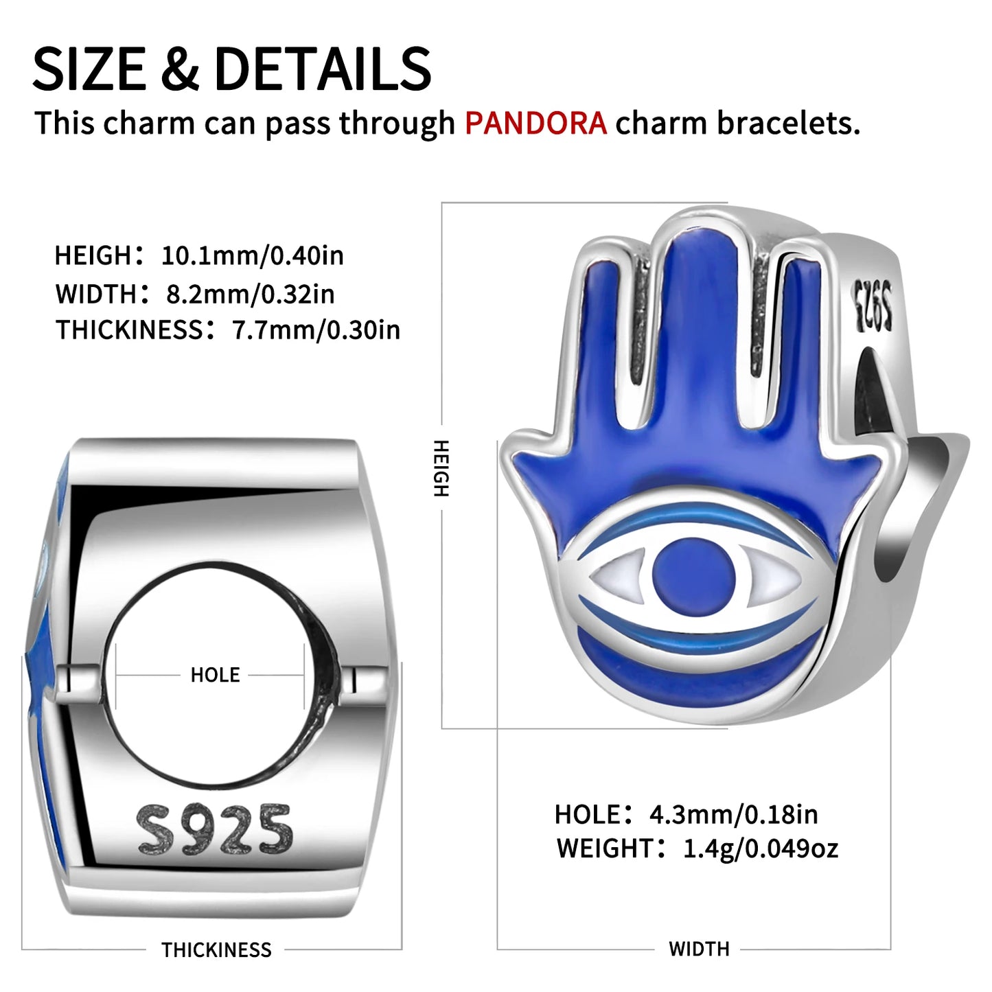 925 Silver Blue Enamel Fatima Hand Charm - DIY Jewelry Beads for Charm Bracelets