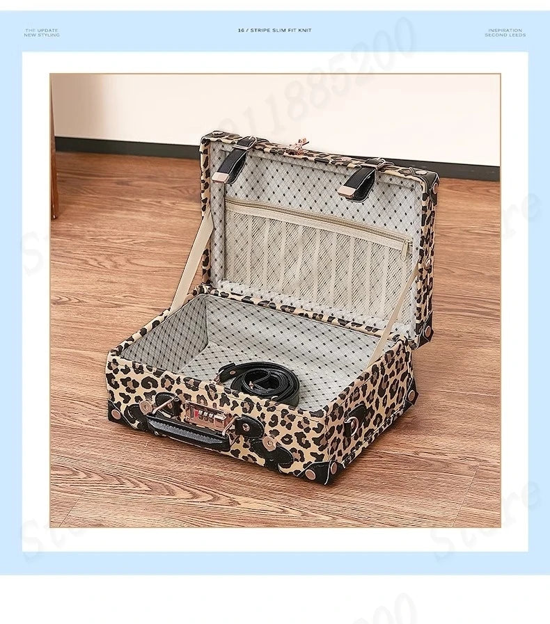 Trendy Retro Luggage Women's Roller Trunk Leopard Print Leather Suitcase 20" Boarding Box Set Waterproof Password Suitcase
