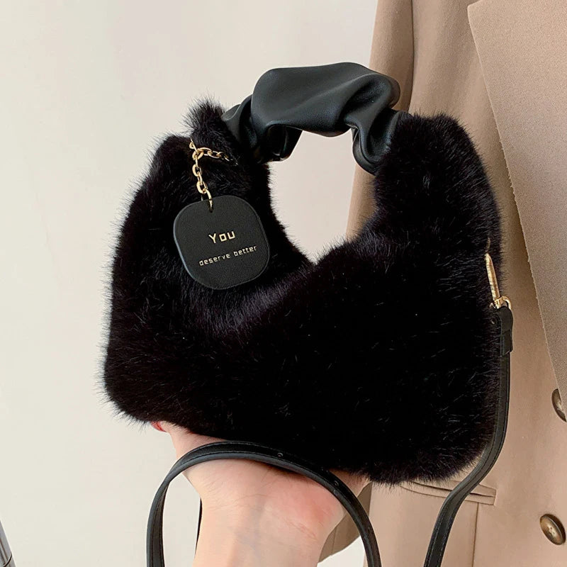 Women Faux Fur Plush Handbags Ruched Handle Small Lady Shoulder Crossbody Bag Casual Half-Moon Hobos Winter Bags for Women