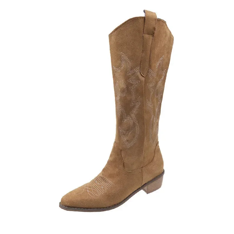 Embroidered Western Cowboy Boots for Women - Pointed Toe Knee High Boots with Thick Heel