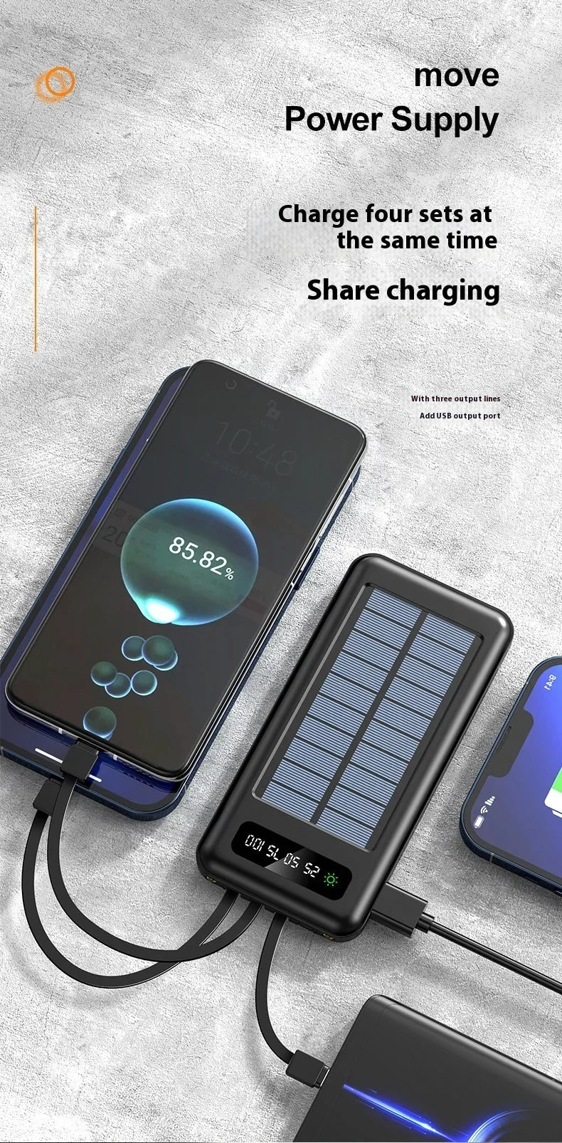 Solar Power Bank 20000mAh - Portable Fast Charging Outdoor Power Bank with Removable Cable