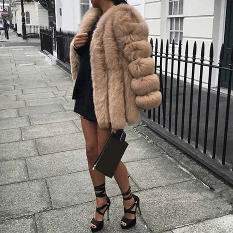Luxe Faux Fur Jackets for Women Long Puff Sleeve Woman Coat Solid Short Warmth Outerwear Clause Ladies Elegant Streetwear