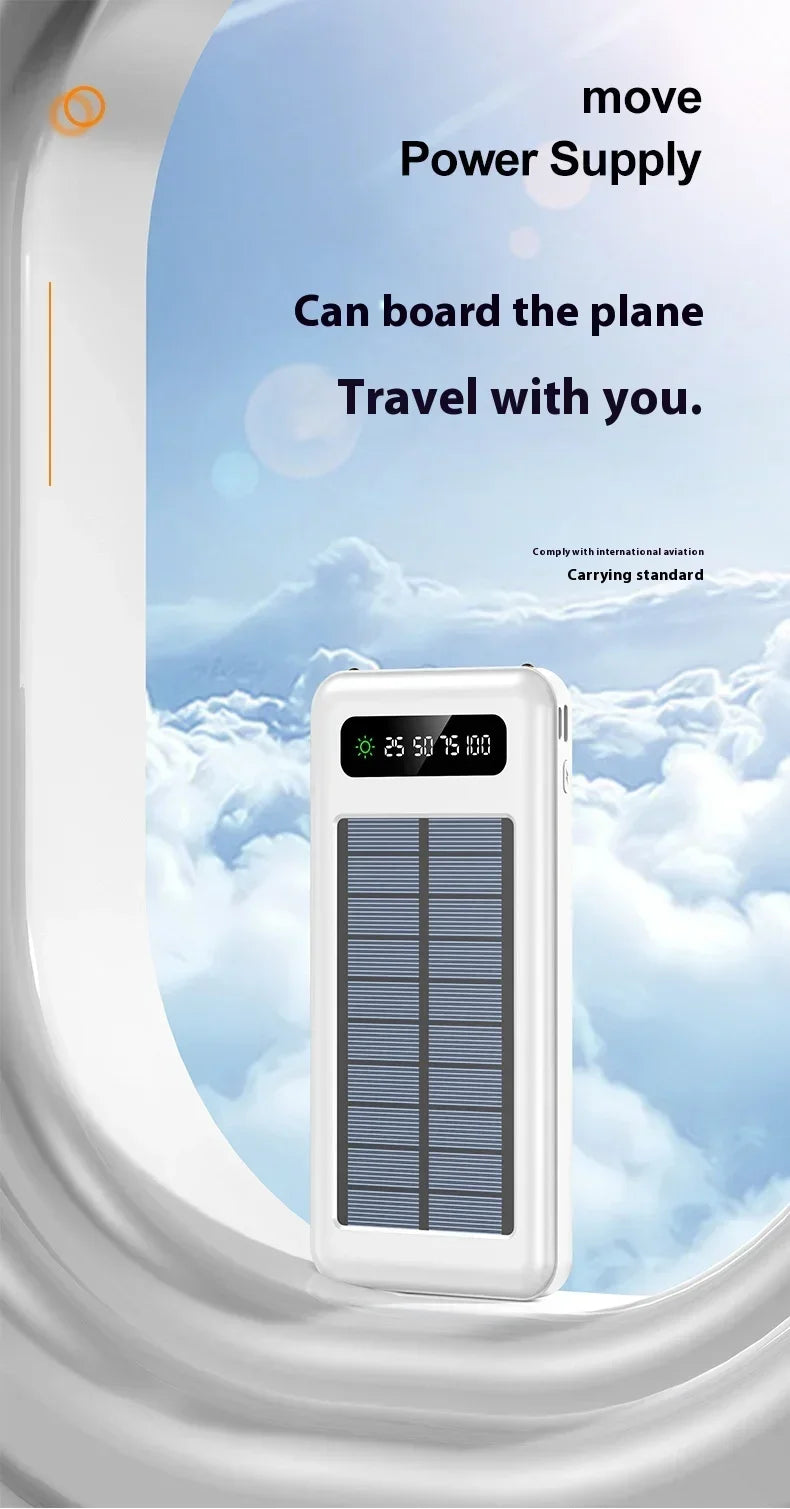 Solar Power Bank 20000mAh - Portable Fast Charging Outdoor Power Bank with Removable Cable