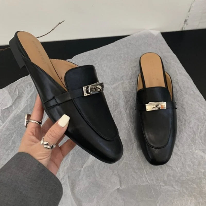2025 Summer Autumn New Women's Leather Comfortable Slip On Slippers Daily Metal Decoration Casual Outside Mules Female Sandals