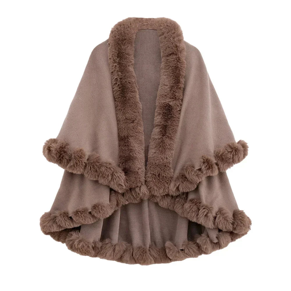 Double Layer Faux Fur Trim Womens Knitted Poncho Shawl Warm Cape Multiple Colors Ideal for Fall and Winter Daily and Formal Wear