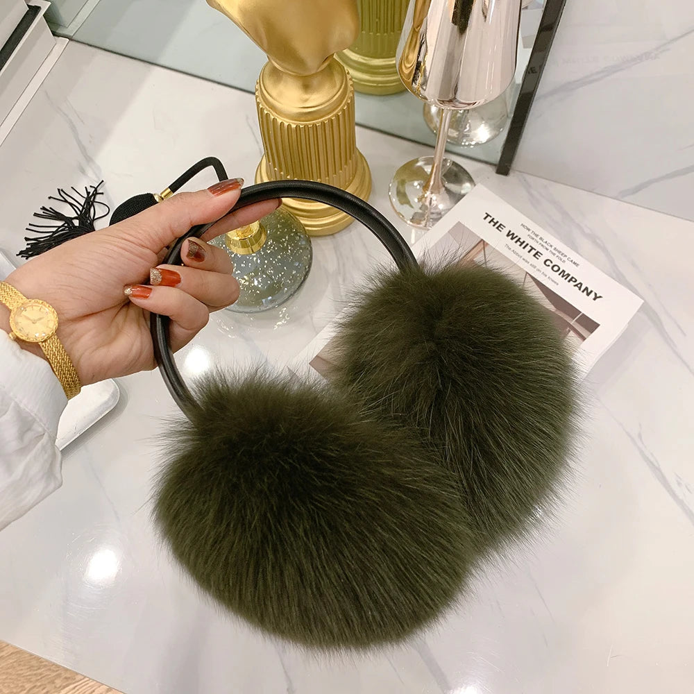 Winter Women Warm Real Fox Fur Earmuffs Girl's Earlap Ultra Large Ladies Plush Earmuff Luxury Ladies Fox Fur Earmuffs