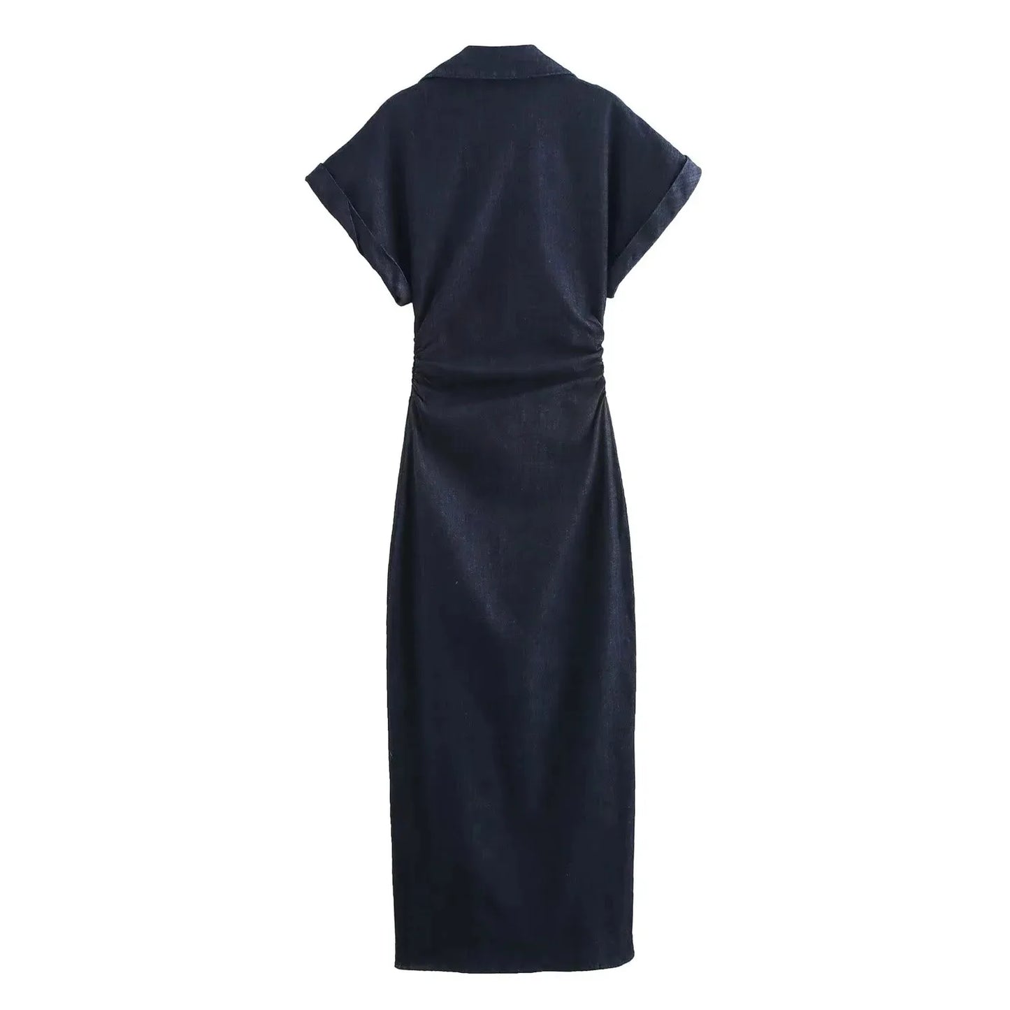Denim Midi Dress - Women's Ruched Short Sleeve Casual Streetwear Dress