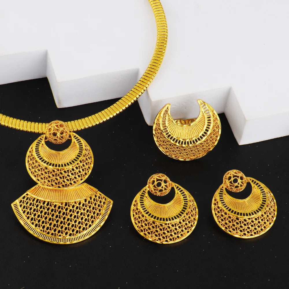 Dubai Gold Jewelry Set For Women Indian Earring Necklace Ring Nigeria Moroccan Bridal Accessorie Wedding Party Gift