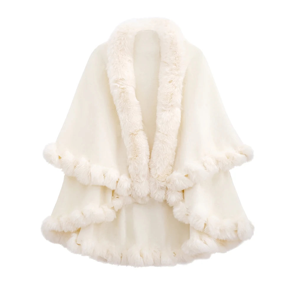 Double Layer Faux Fur Trim Womens Knitted Poncho Shawl Warm Cape Multiple Colors Ideal for Fall and Winter Daily and Formal Wear