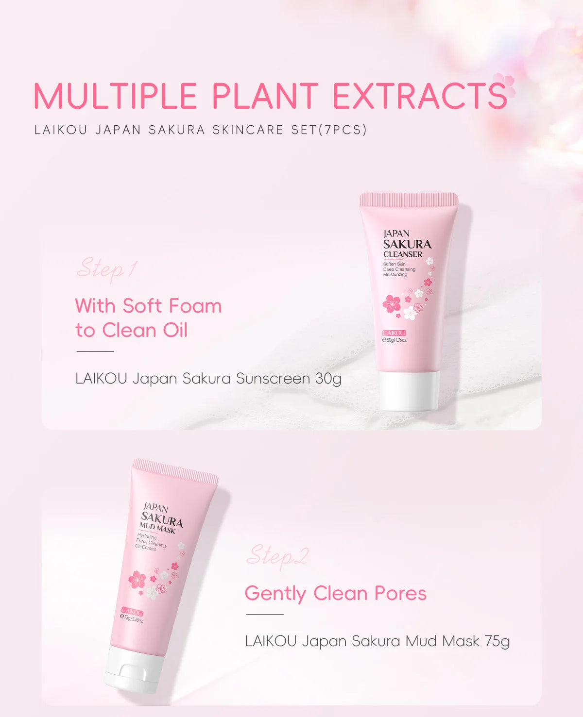 Korean Sakura Skincare Set Hydration Moisturize Cleanse Pores Sunscreen Protection Cosmetic Beauty