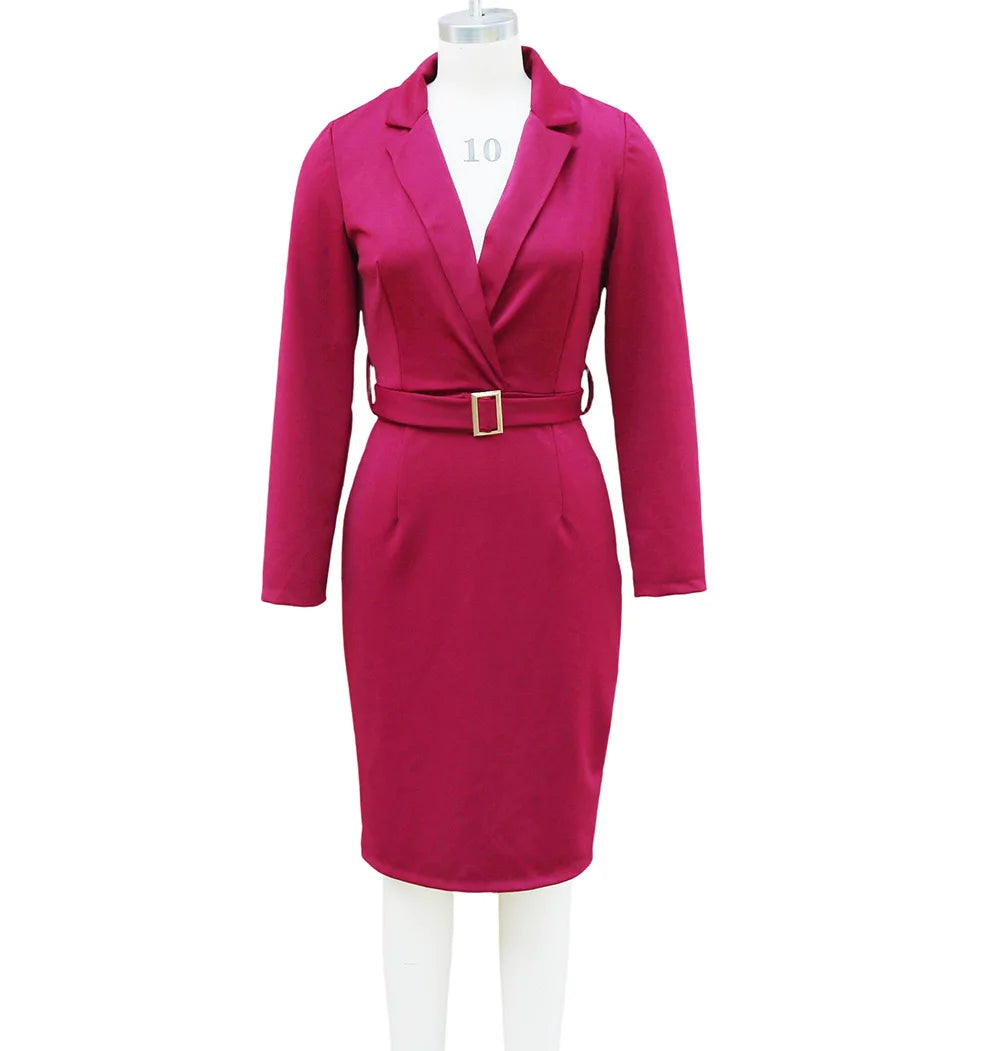 Elegant Deep V-Neck Suit Dress - Long Sleeve High Waist Office Dress with Sashes