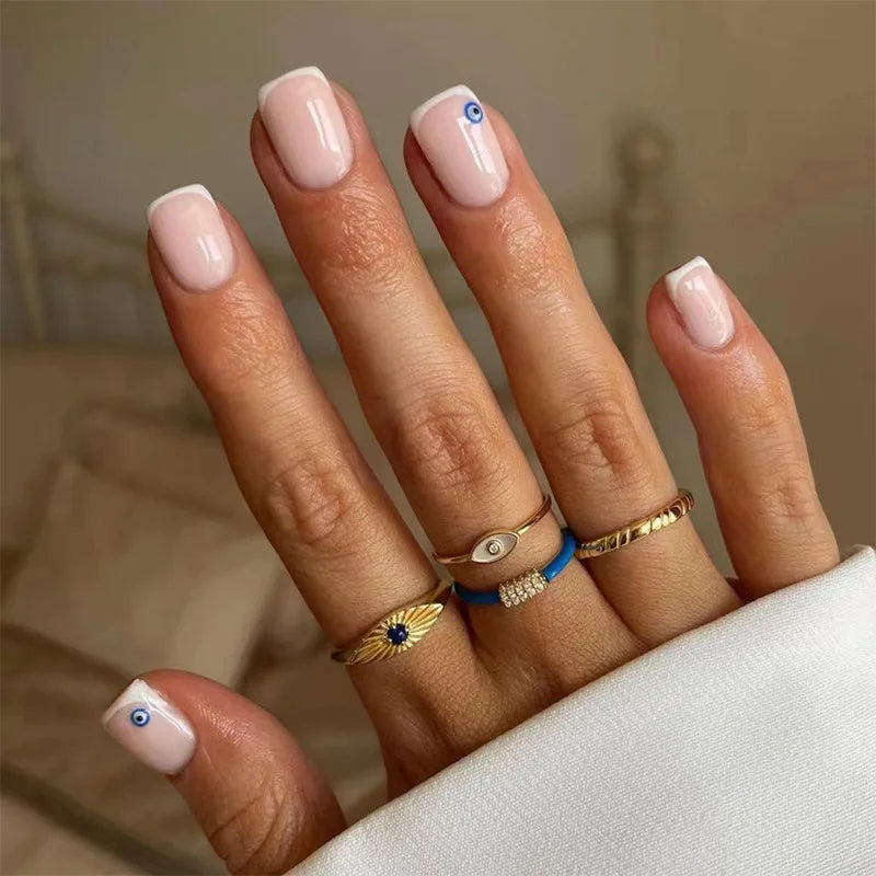 24Pcs French Tip Handmade Press On Nails Minimalist Solid Color Fake Nails Medium Square Full Cover Press On Nail Tips With Glue