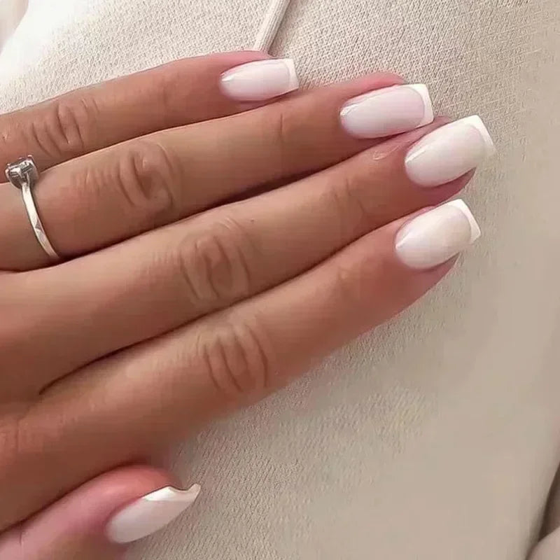 24Pcs French Tip Handmade Press On Nails Minimalist Solid Color Fake Nails Medium Square Full Cover Press On Nail Tips With Glue
