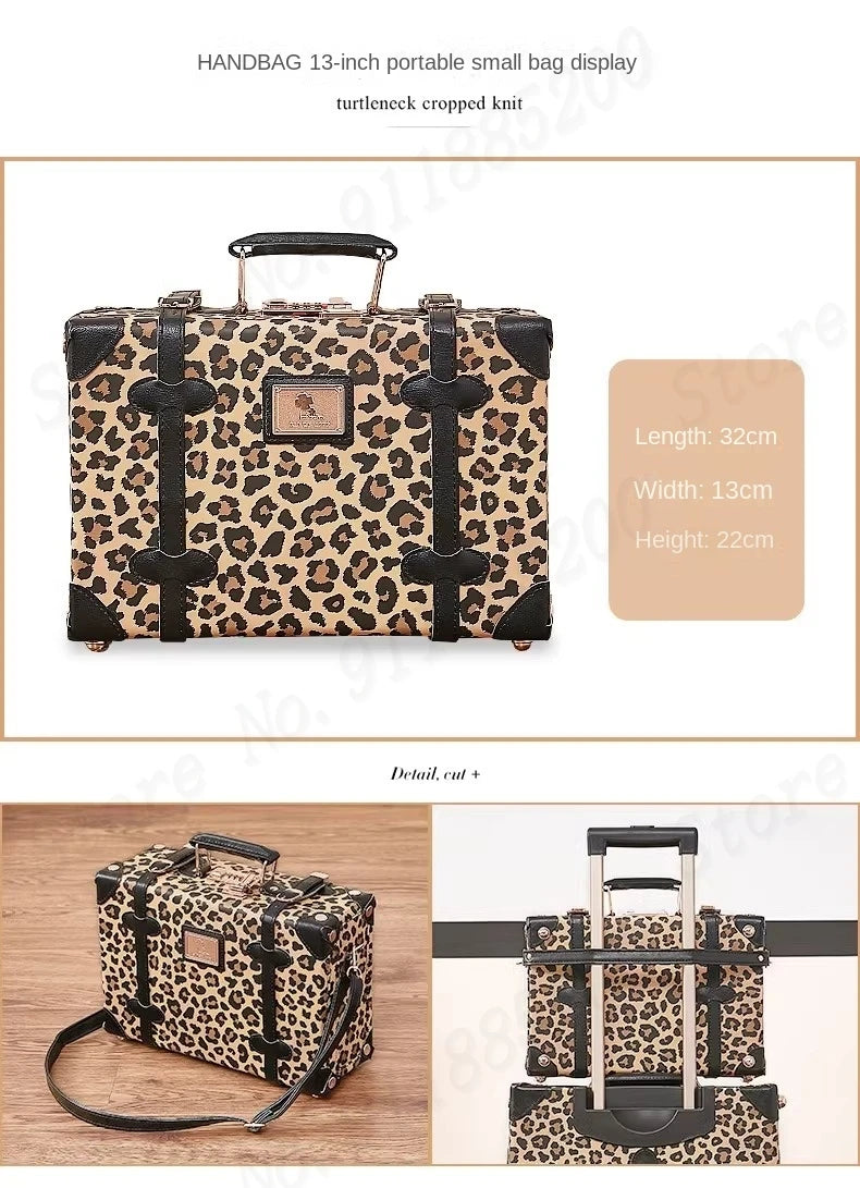 Trendy Retro Luggage Women's Roller Trunk Leopard Print Leather Suitcase 20" Boarding Box Set Waterproof Password Suitcase