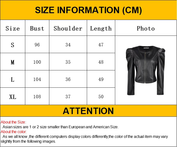PU Leather Black Jacket Women Autumn Winter Fashin Casual Puff Sleeve O Neck Zipper Cropped Coats Slim Fit Streetwear Blazers