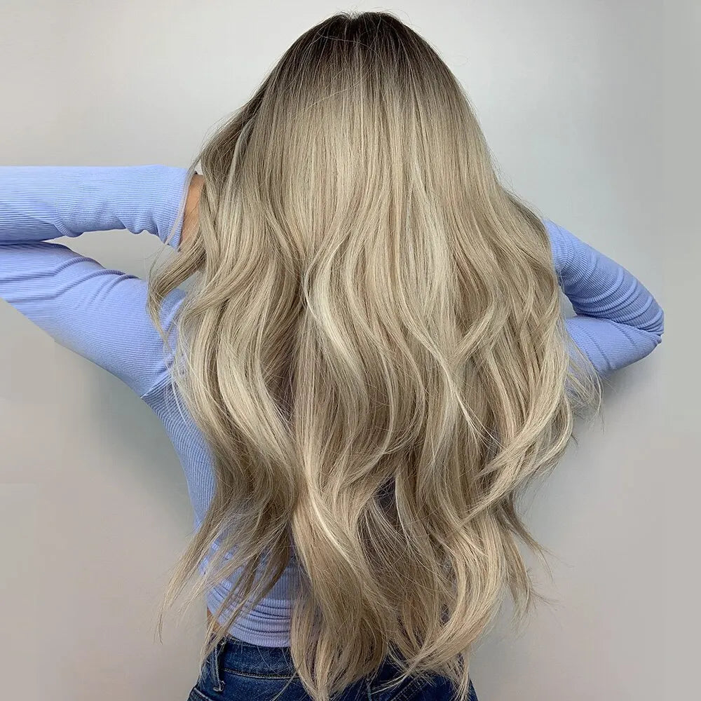 Brown Blonde Ombre Natural Hair Wigs for Women Long Wavy With Dark Roots Synthetic Wig for Women Heat Resistant Coaplay Wigs