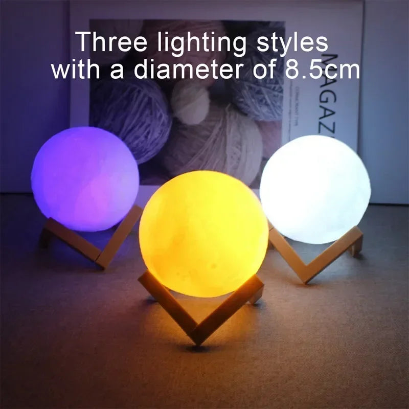 LED Moon Night Light 8cm - Battery Powered Starry Lamp with Stand for Bedroom Decor