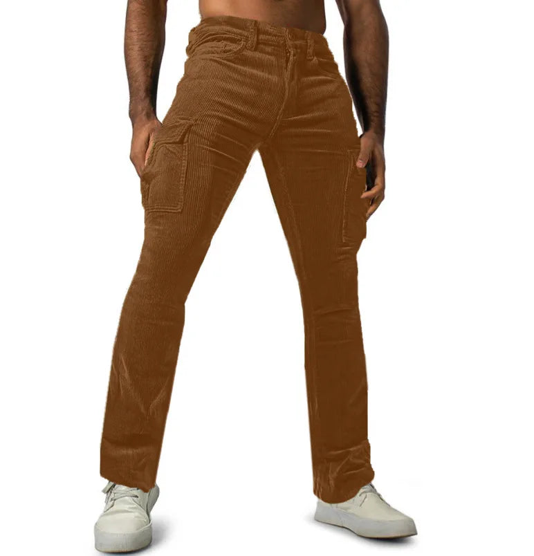 Men's Stretch Work Pants with Multiple Pockets Slim Fit Running Pants, Corduroy Casual Pants Breathable Street Style and Warm