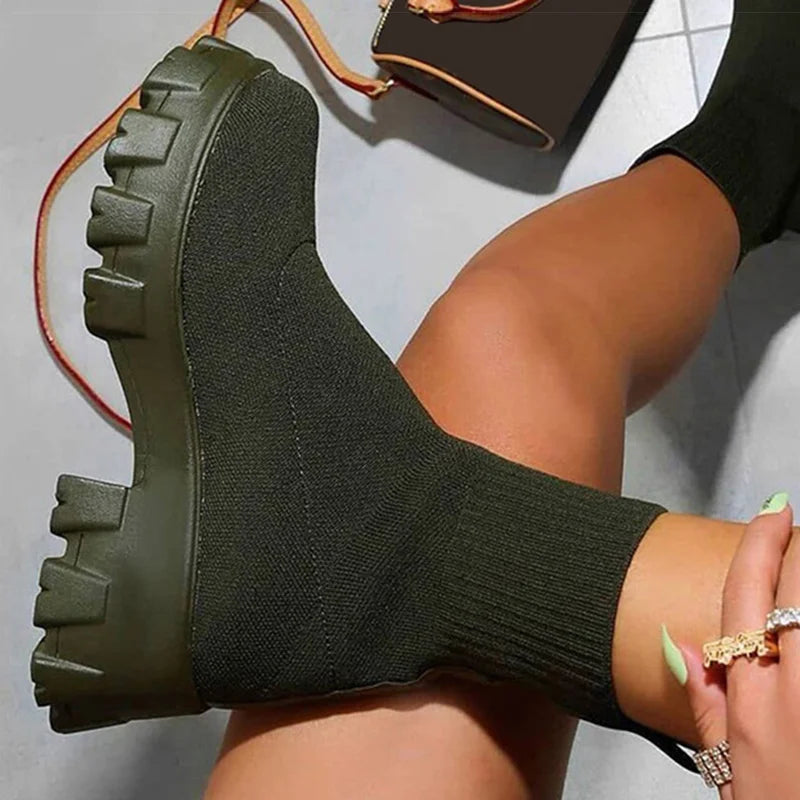 CloudStep Luxe Platform Sock Shoes Boots – Chunky Knit Stretch Boots with Heels | Trendy Women’s Fashion Streetwear Shoes