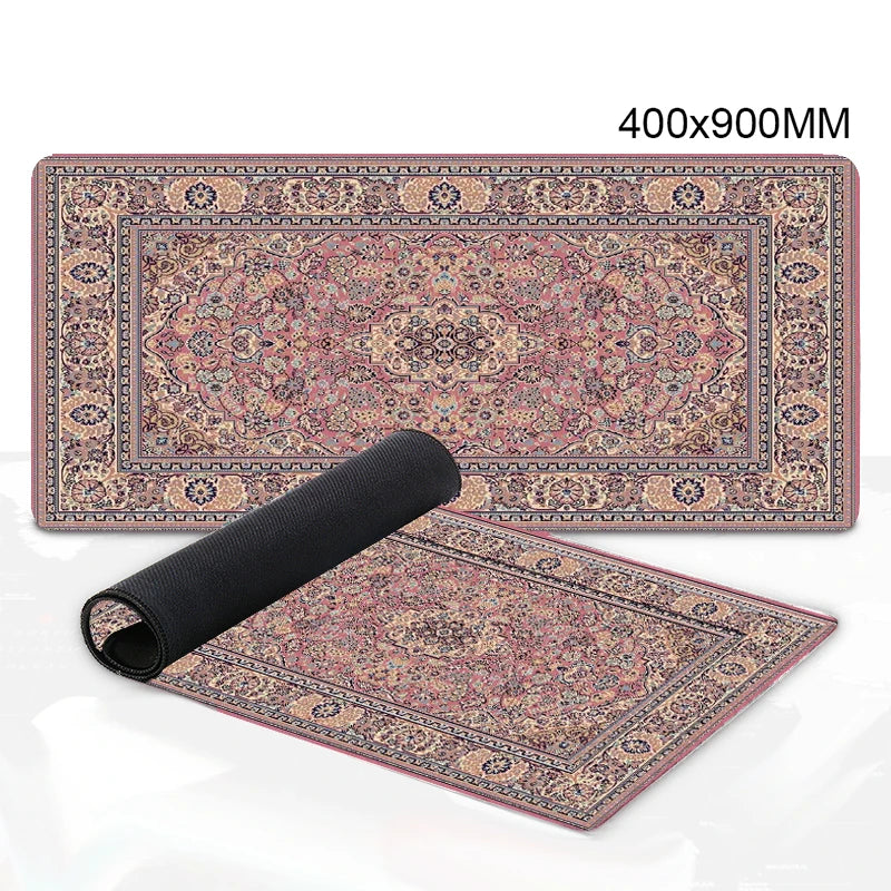 Pink and cream Persian pattern rubber desk mat, an oversized mouse pad for gaming and office setups.