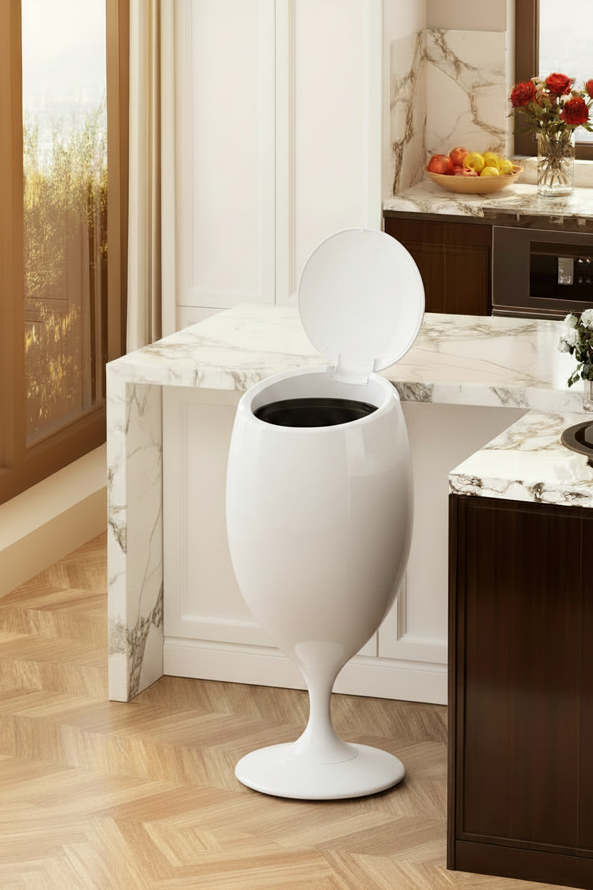 Large, white, wine-glass-shaped wastebasket with an open flip-lid stands in a modern kitchen.