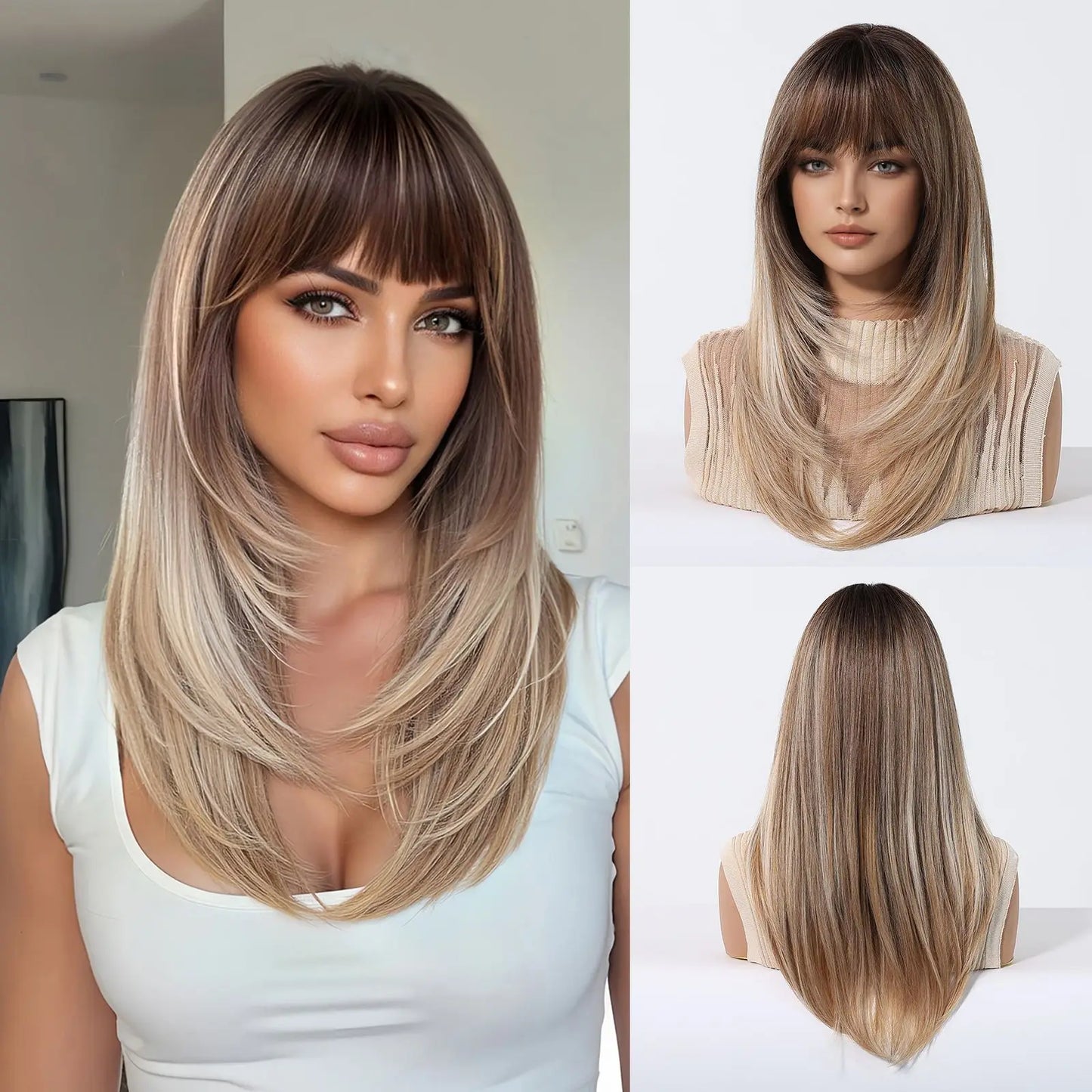 ALAN EATON Long Blonde Wigs for Women Synthetic Hair Wig with Fringe Ombre Color with Dark Roots Layered Wigs Heat Resistant
