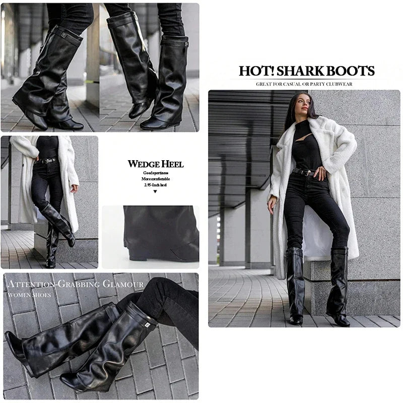 Designer Women's Long Boots - Wide Calf Shark Boots with Wedge Heel Knee High