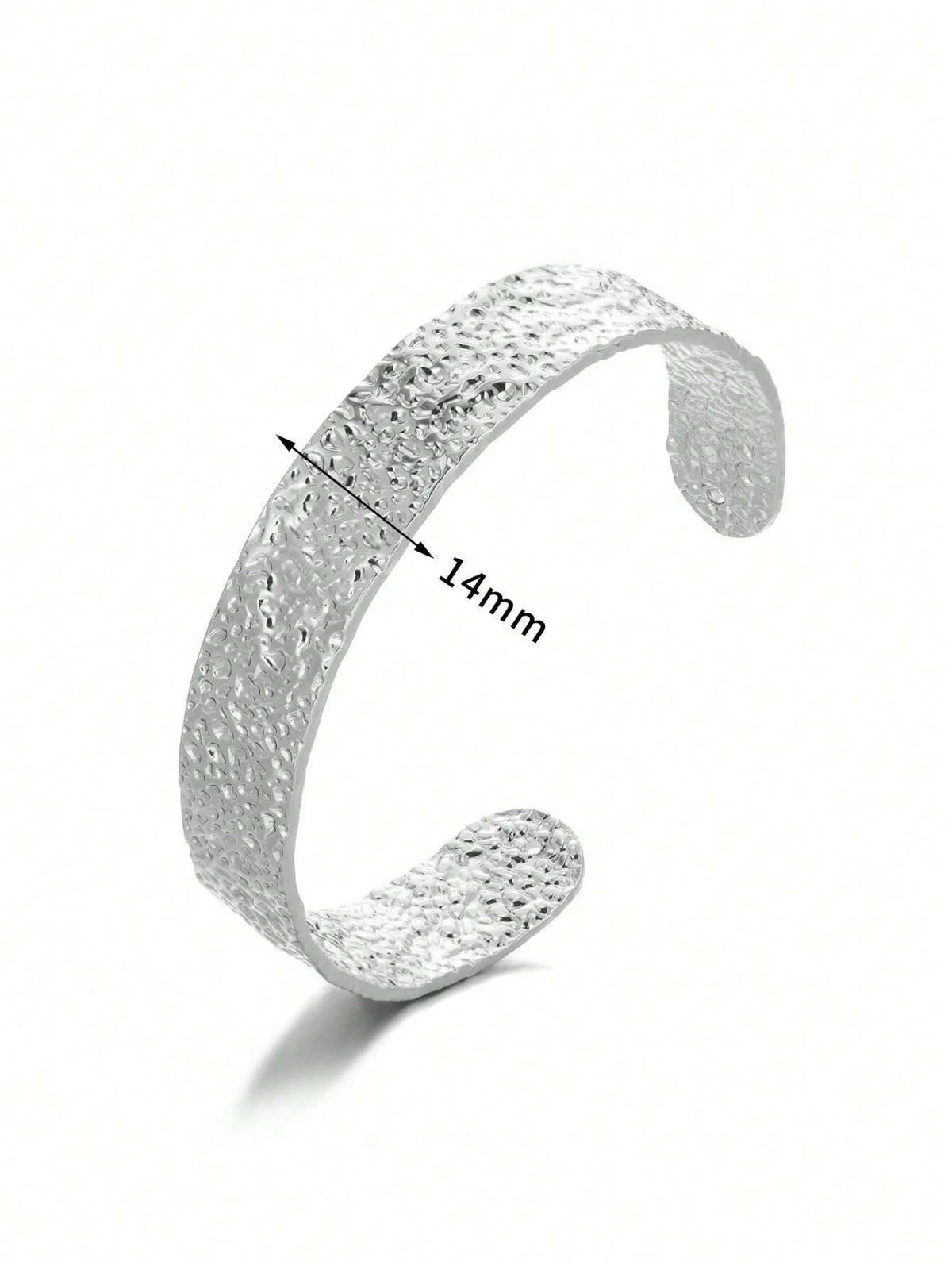 Silver cuff bracelet with a textured, hammered surface and 14mm width for adjustable everyday wear.