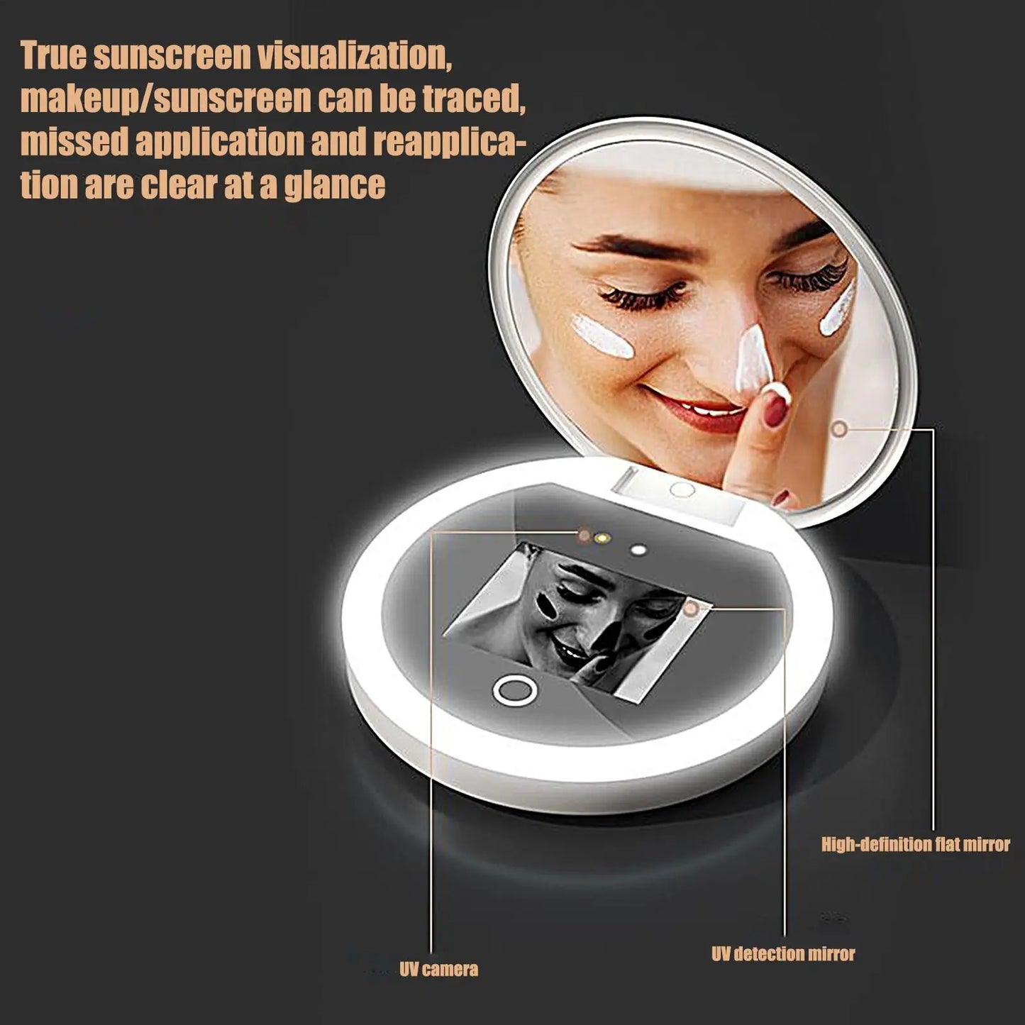 UV Mirror Sunscreen Testing Camera With Light 2X Magnification Travel Makeup Pocket Size UV Smart Sunscreen Makeup Mirror
