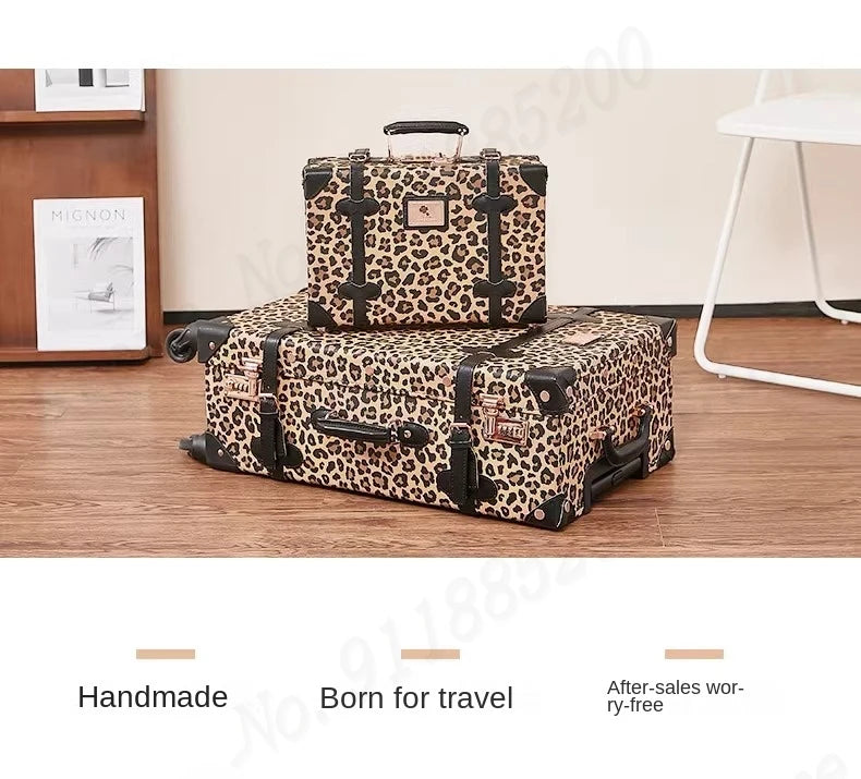 Trendy Retro Luggage Women's Roller Trunk Leopard Print Leather Suitcase 20" Boarding Box Set Waterproof Password Suitcase