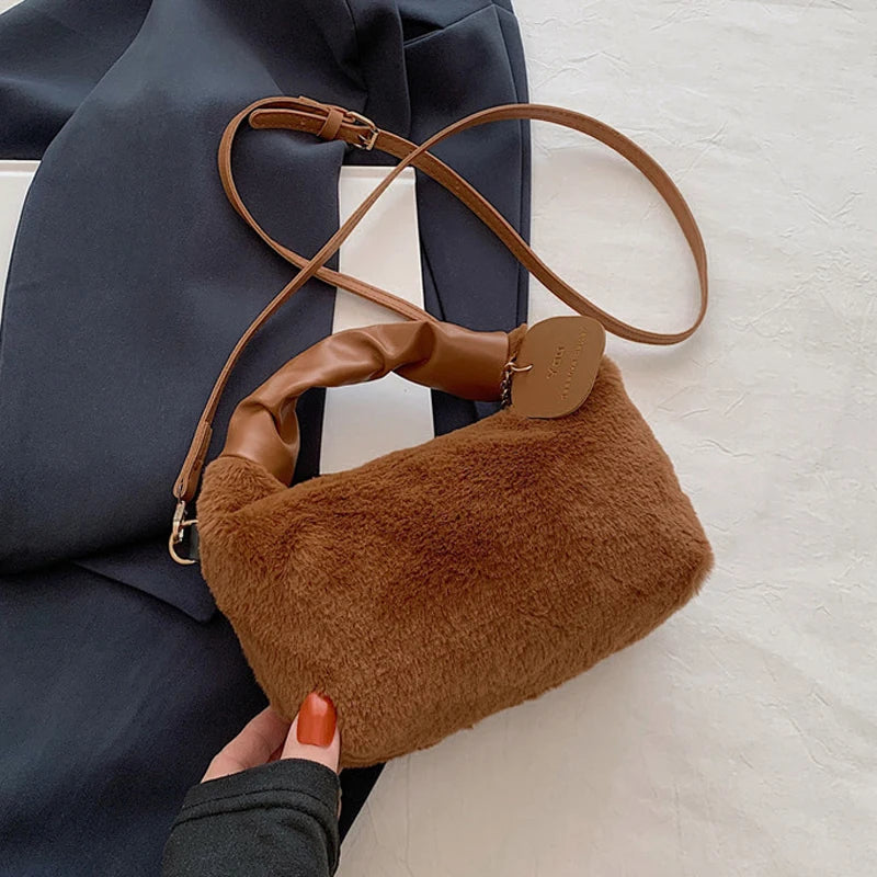 Women Faux Fur Plush Handbags Ruched Handle Small Lady Shoulder Crossbody Bag Casual Half-Moon Hobos Winter Bags for Women