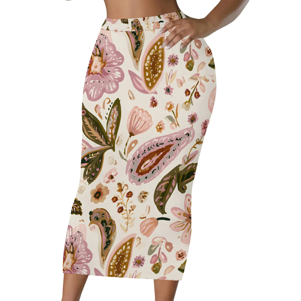Women's floral print midi skirt with an elastic waist
