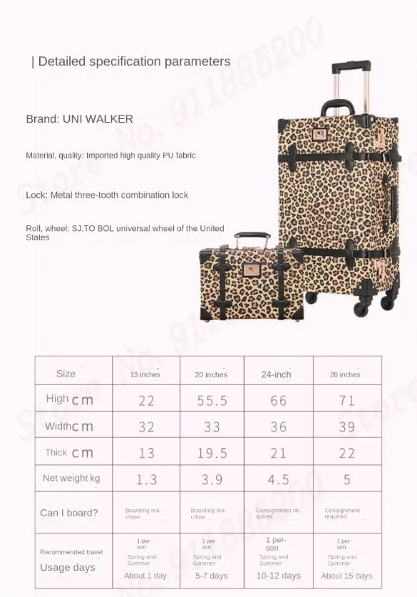 Trendy Retro Luggage Women's Roller Trunk Leopard Print Leather Suitcase 20" Boarding Box Set Waterproof Password Suitcase
