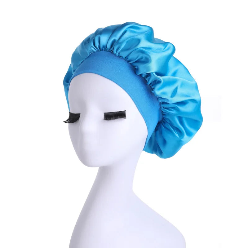 Women Satin Bonnet Wide Band Elastic Sleep Cap Hair Care Head Wrap Beauty Spa Bathing Hat Night Sleeping Cap for Curly Long Hair
