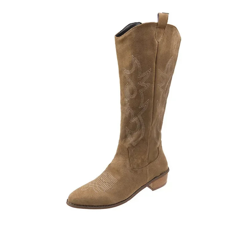 Embroidered Western Cowboy Boots for Women - Pointed Toe Knee High Boots with Thick Heel