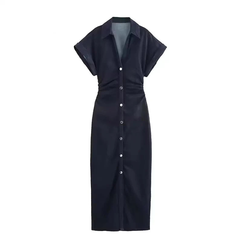 Denim Midi Dress - Women's Ruched Short Sleeve Casual Streetwear Dress