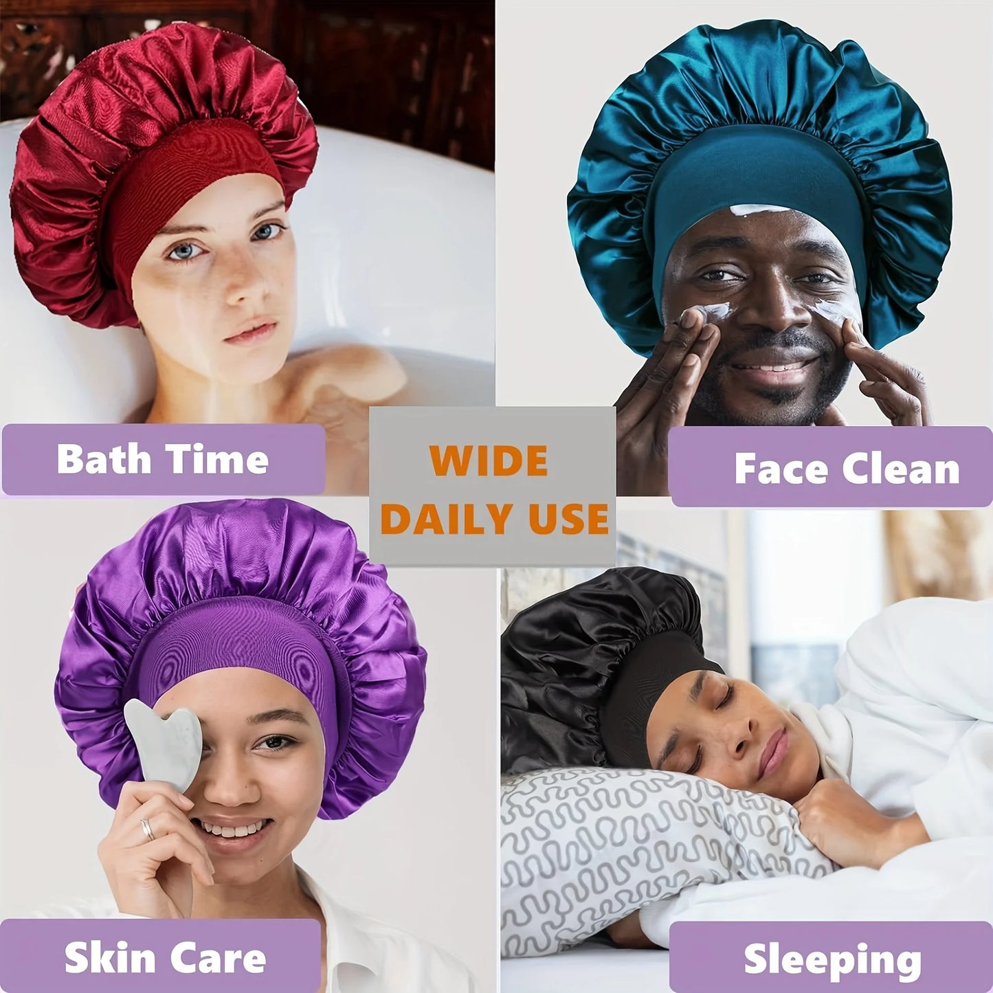 Women Satin Bonnet Wide Band Elastic Sleep Cap Hair Care Head Wrap Beauty Spa Bathing Hat Night Sleeping Cap for Curly Long Hair