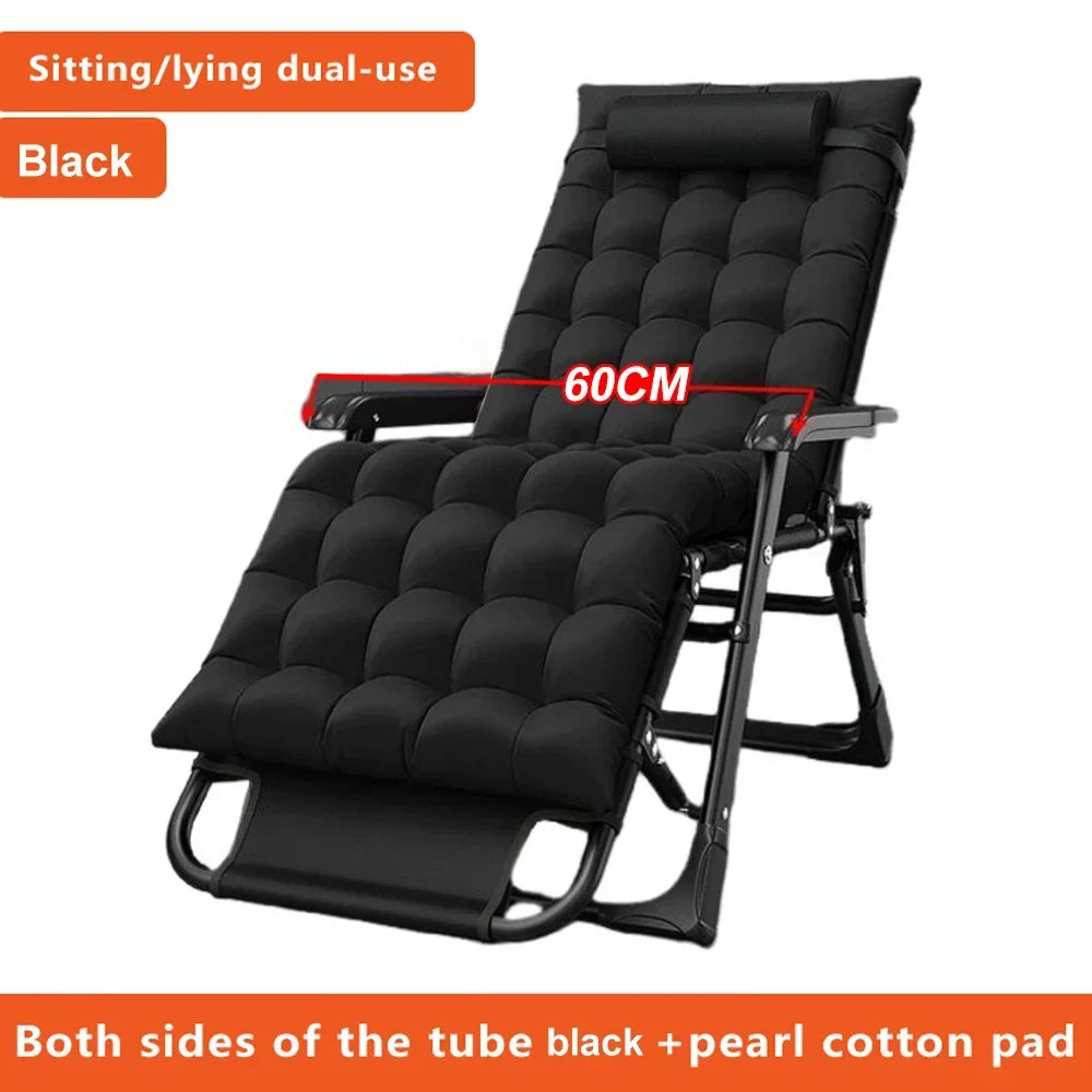 Black tufted pearl cotton pad on an adjustable height portable folding bed for outdoor use.