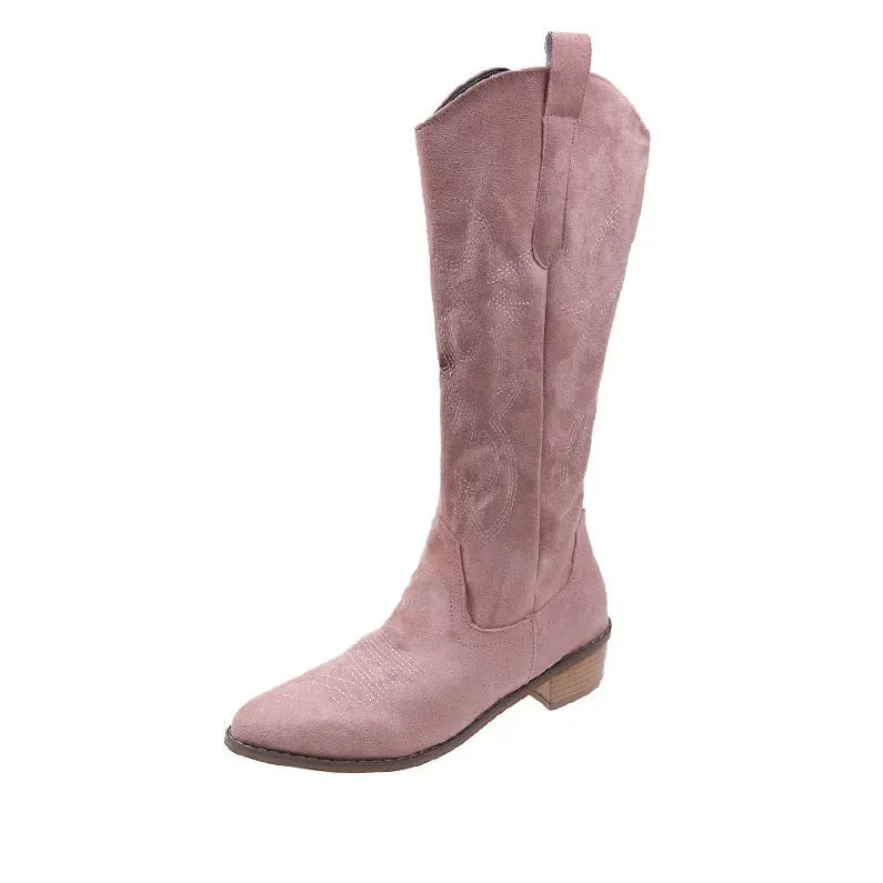Embroidered Western Cowboy Boots for Women - Pointed Toe Knee High Boots with Thick Heel